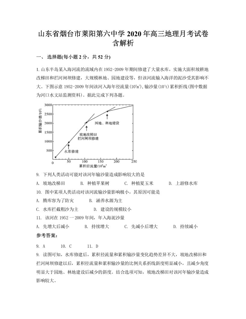 山东省烟台市莱阳第六中学2020年高三地理月考试卷含解析