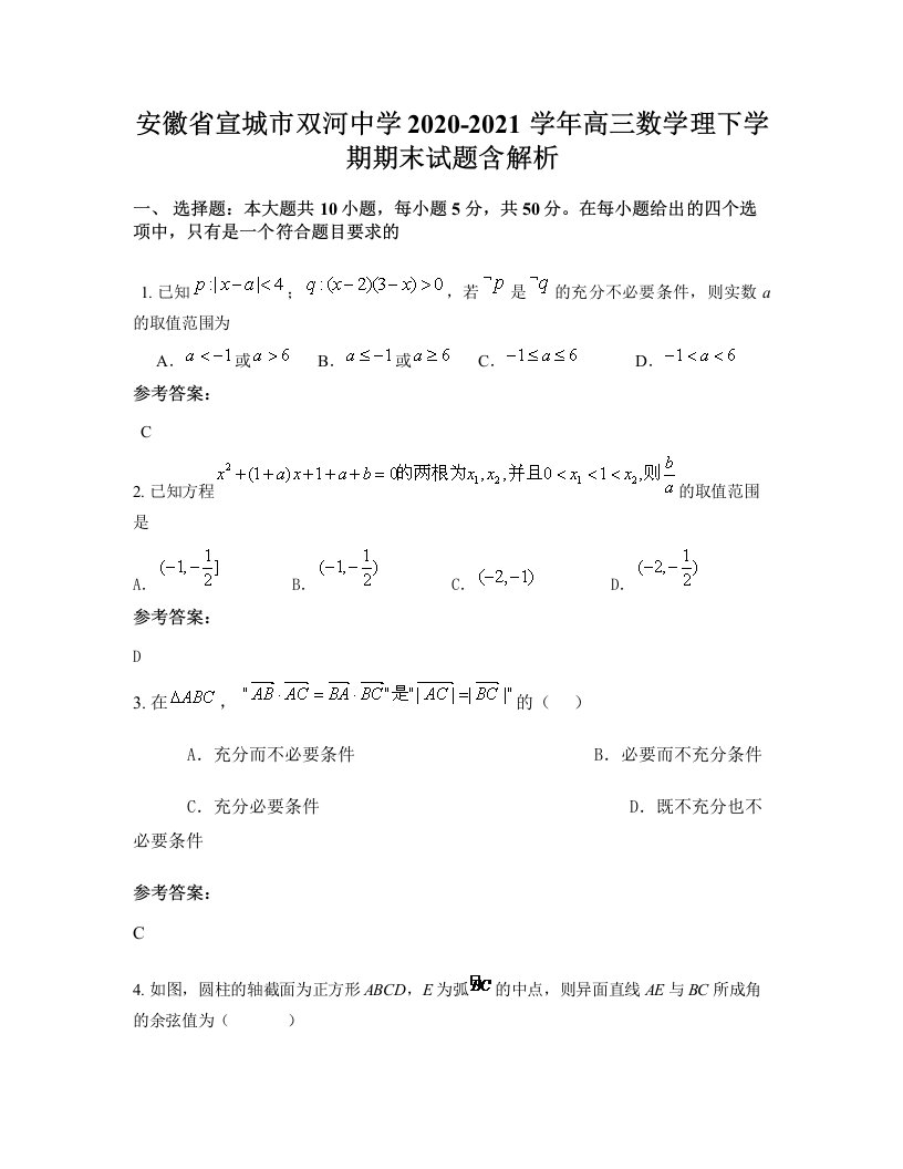 安徽省宣城市双河中学2020-2021学年高三数学理下学期期末试题含解析