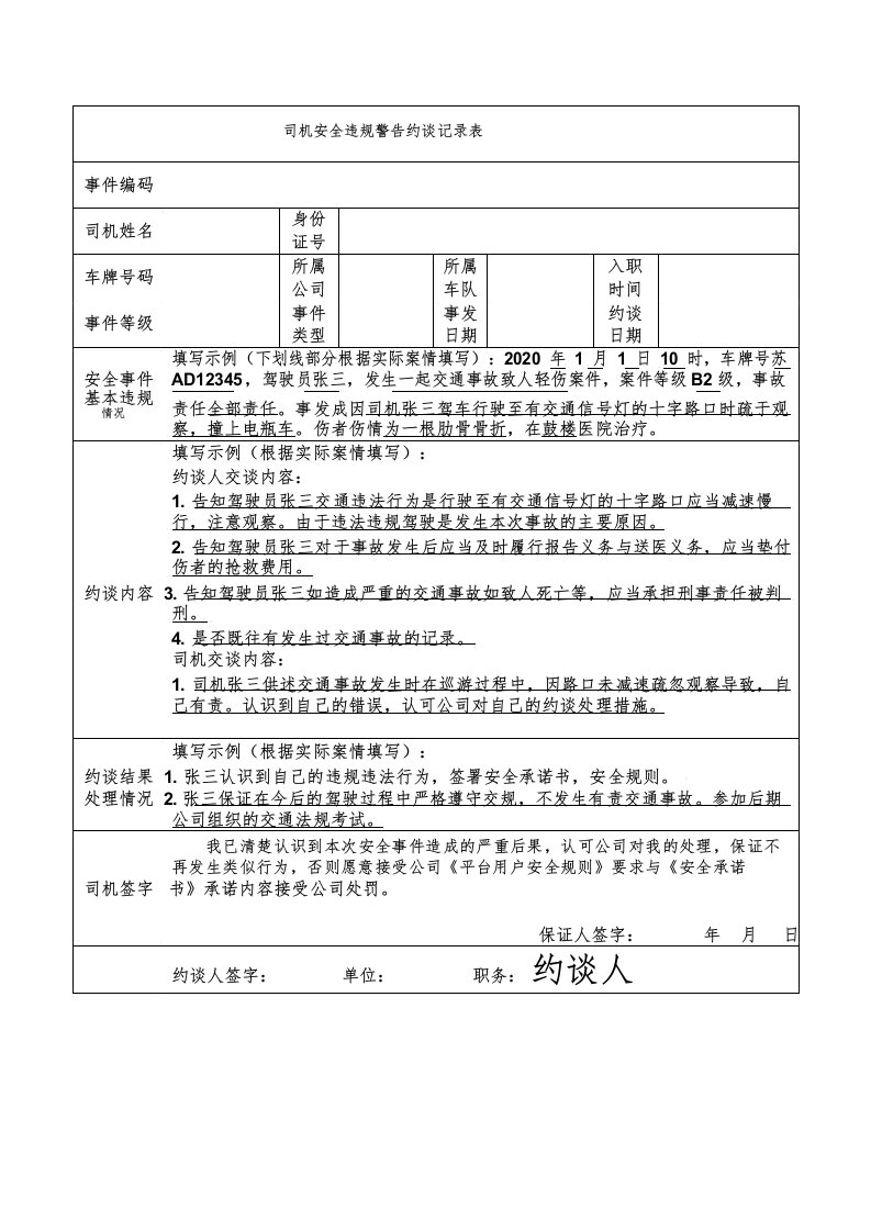 司机安全违规警告约谈记录表