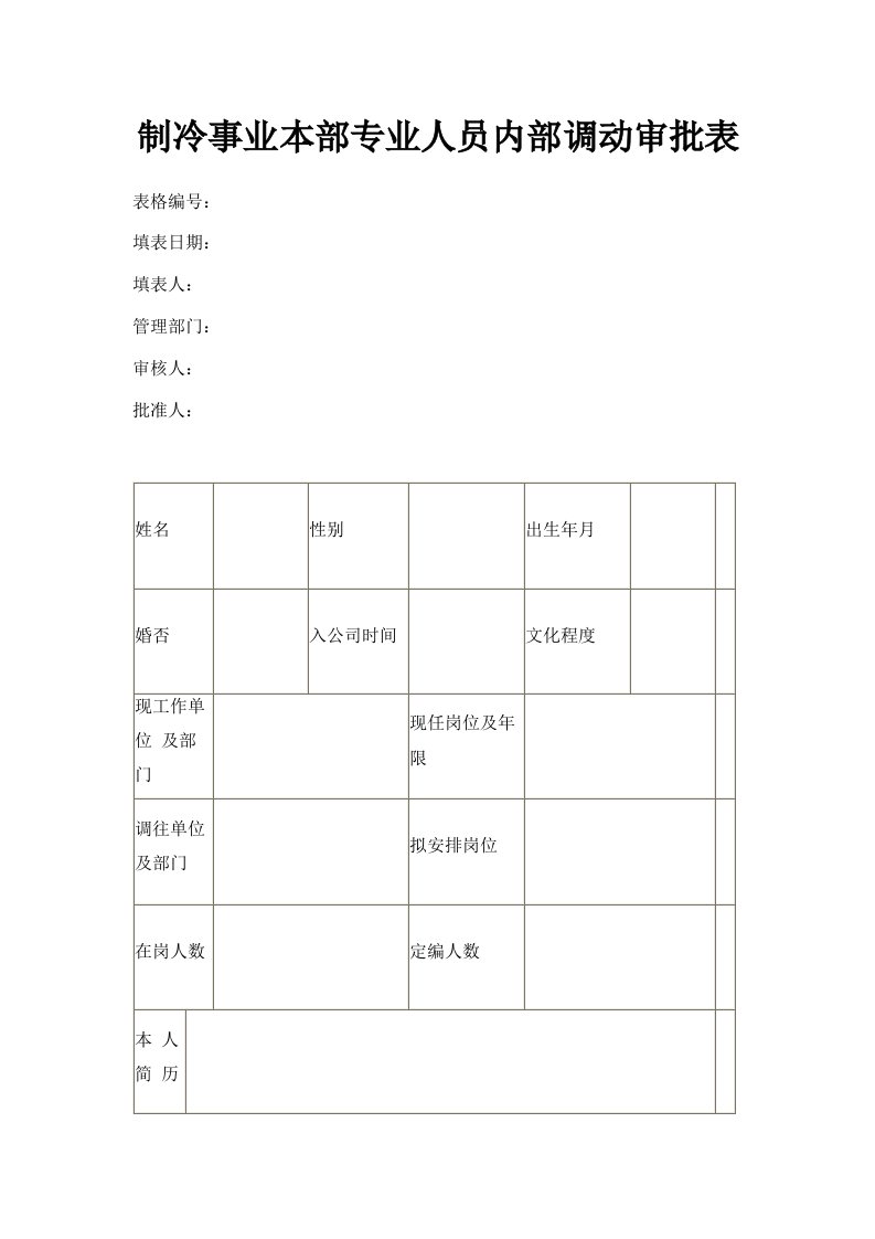 制冷事业本部专业人员内部调动审批表