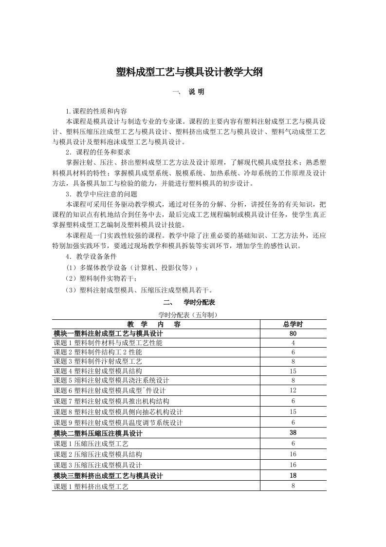 塑料成型工艺和模具设计教学大纲