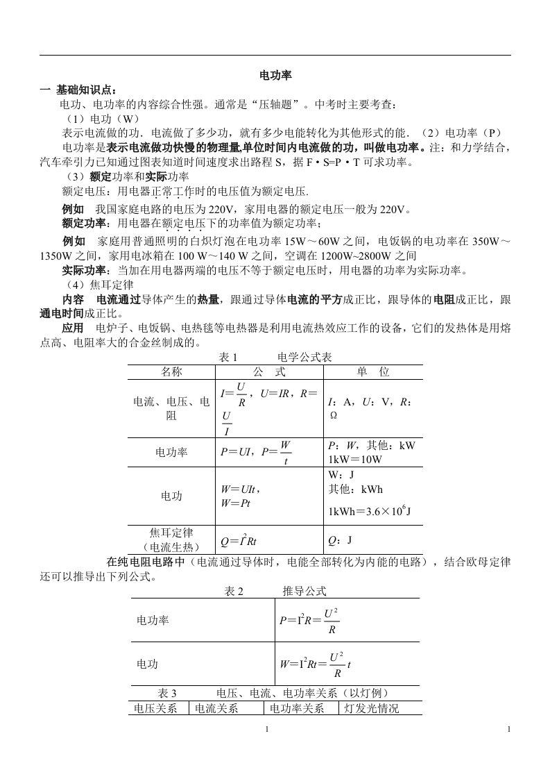 初中物理电功率知识点习题大全(带答案)