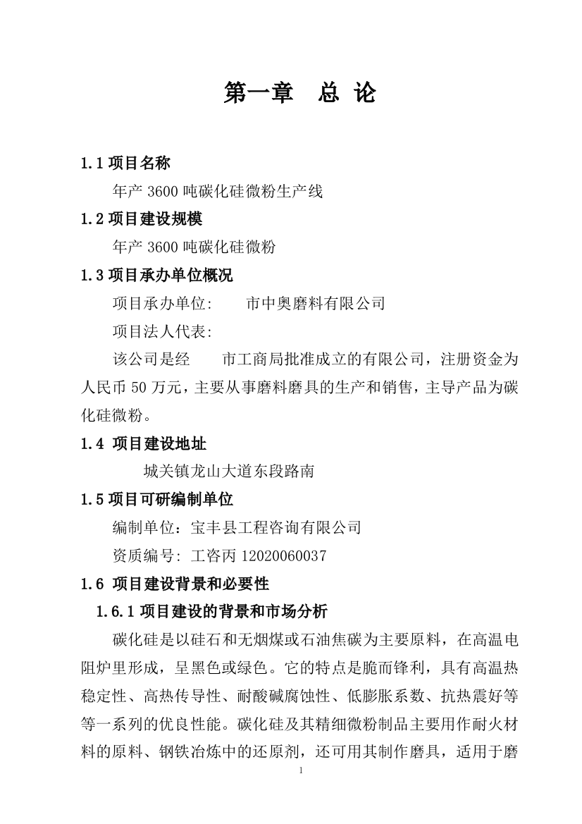 年产3600吨碳化硅微粉生产线项目申请立项可行性研究报告