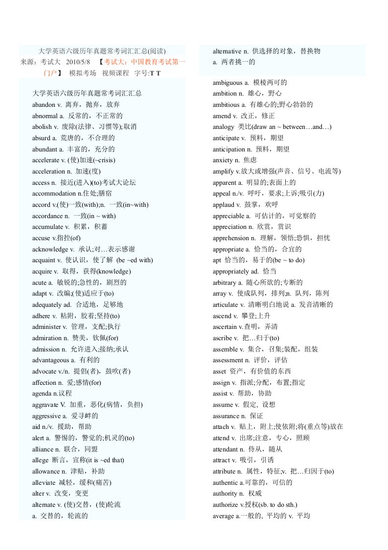 《全国大学英语六级历年真题常考词汇汇总(阅读).》.doc