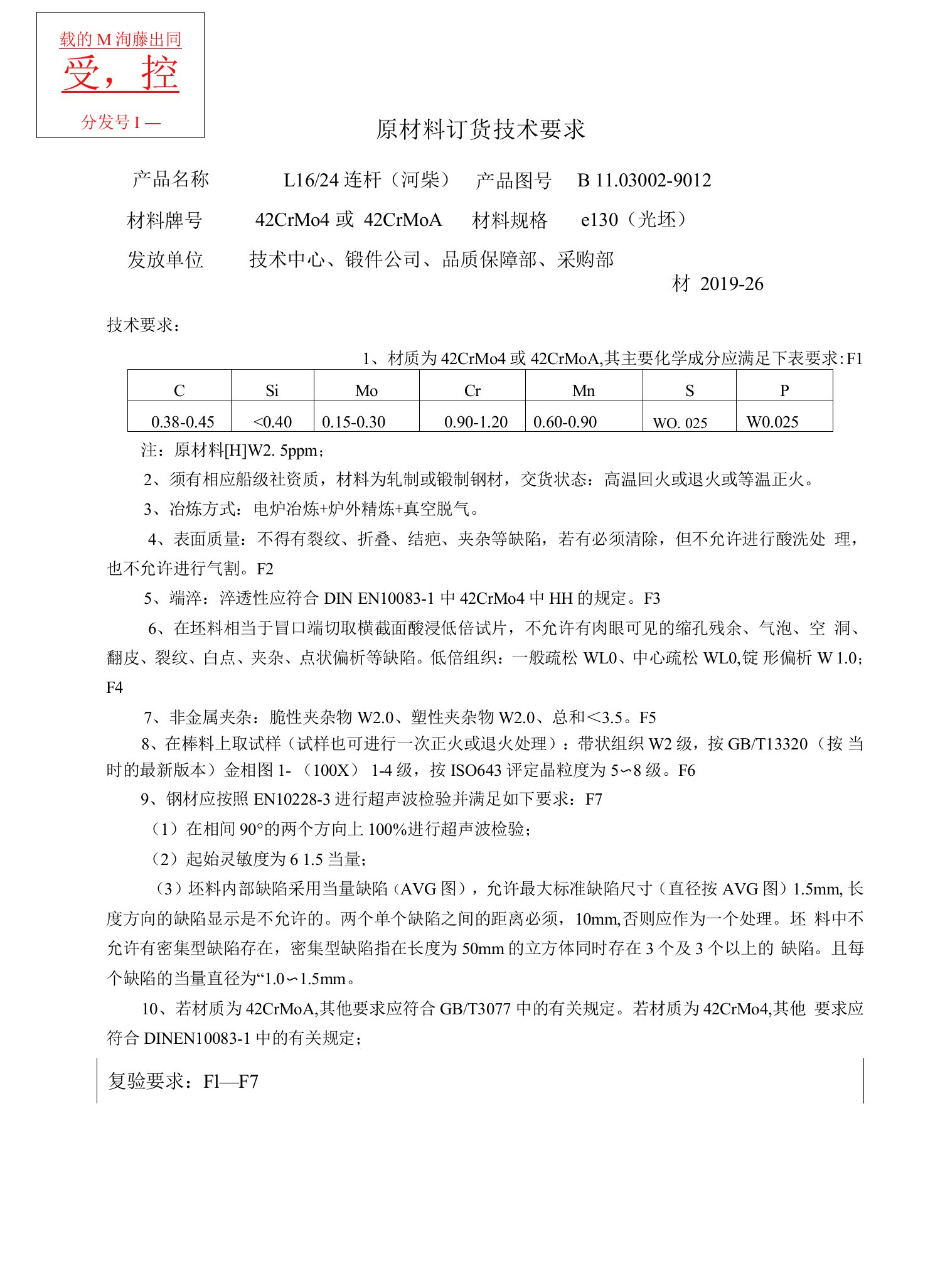 重庆长征重工有限责任公司受控分发号原材料订货技术要求