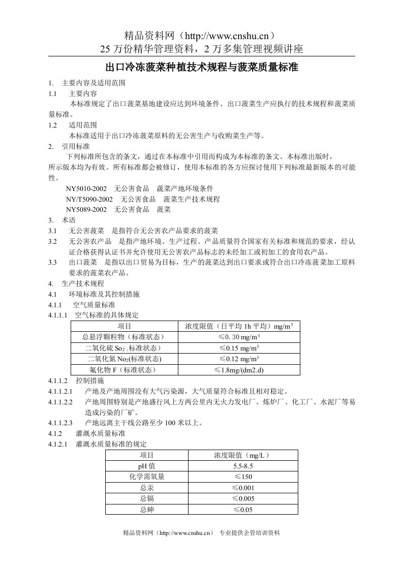 出口冷冻菠菜种植技术规程与菠菜质量标准