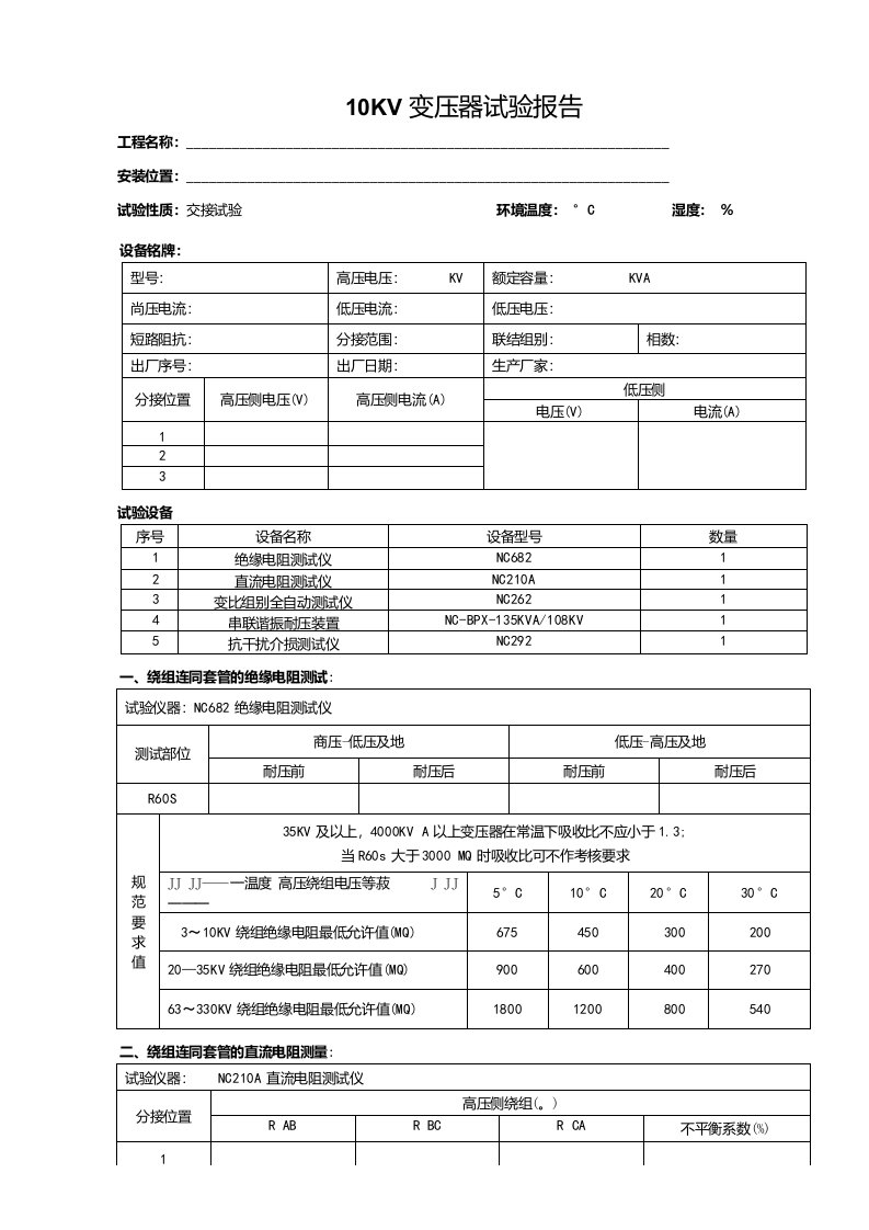 10KV变压器及避雷器试验报告