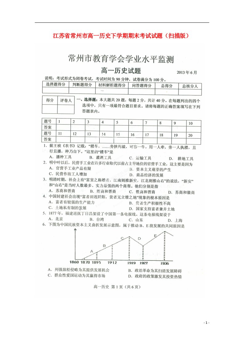 江苏省常州市高一历史下学期期末考试试题（扫描版）