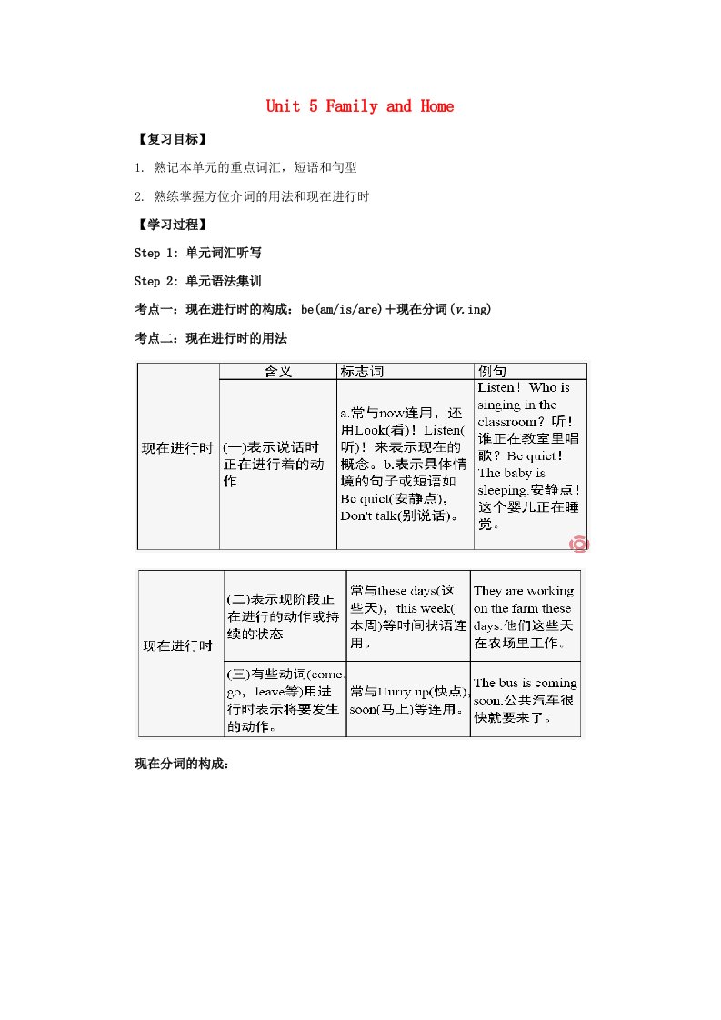 七年级英语上册Unit5FamilyandHome复习导学案无答案新版冀教版