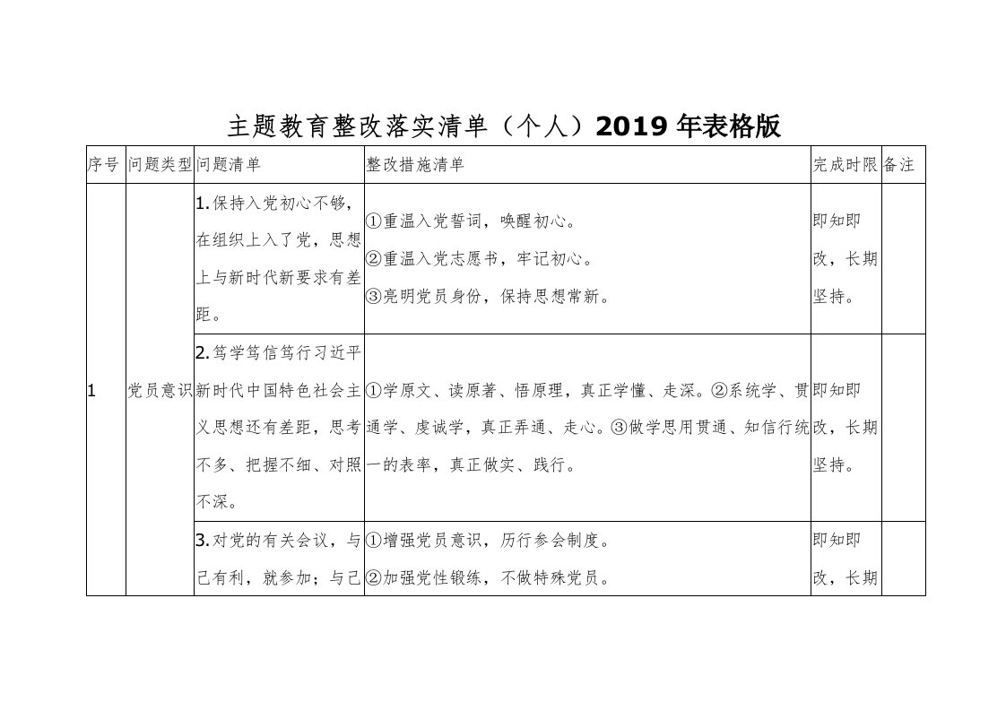 主题教育整改落实清单（个人）2019年表格版