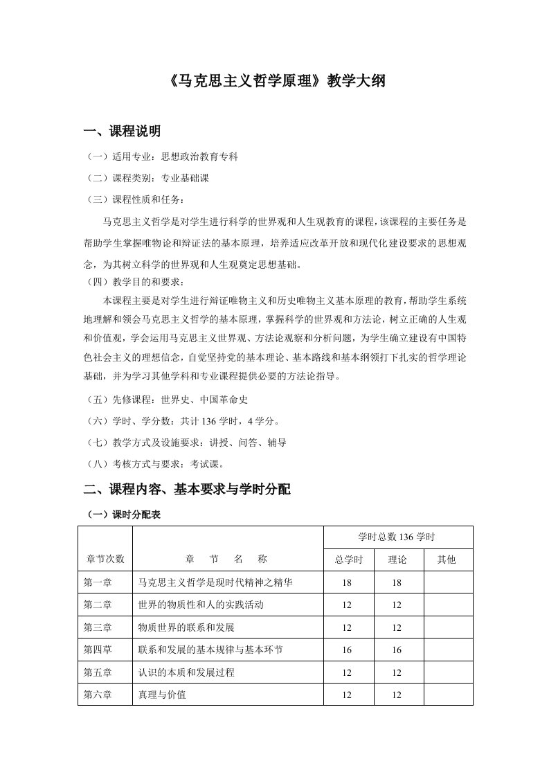 《马克思主义哲学原理》教学大纲