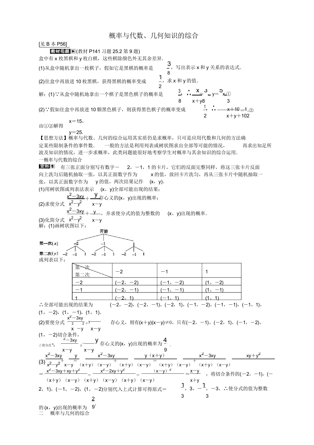 人教版九年级数学上册专题十二概率与代数、几何知识的综合同步测试及答案【2020新审】