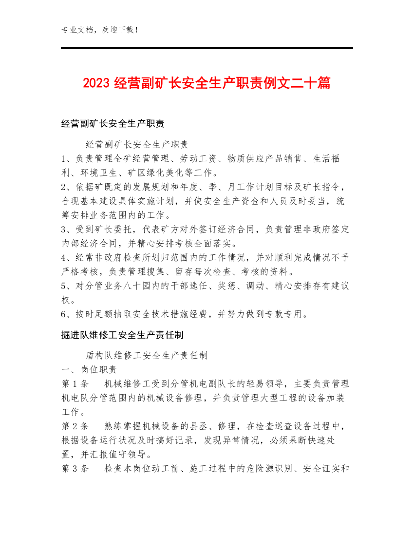 2023经营副矿长安全生产职责例文二十篇