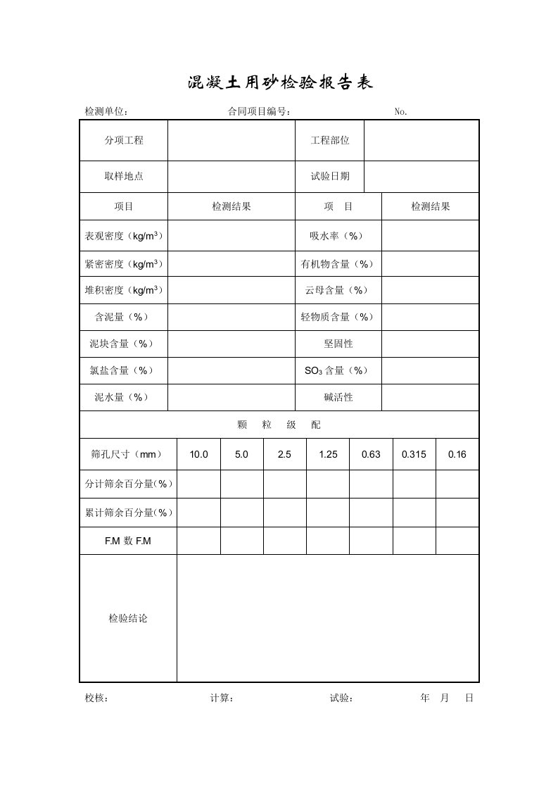 企业管理表格-成都某路桥公司施工文档之混凝土用砂检验报告表