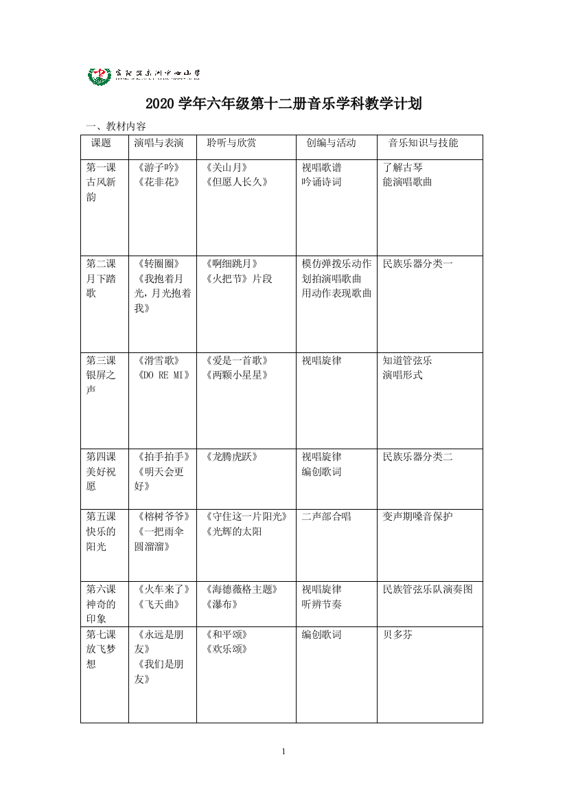 2021人音版六年级第12册教学设计公开课