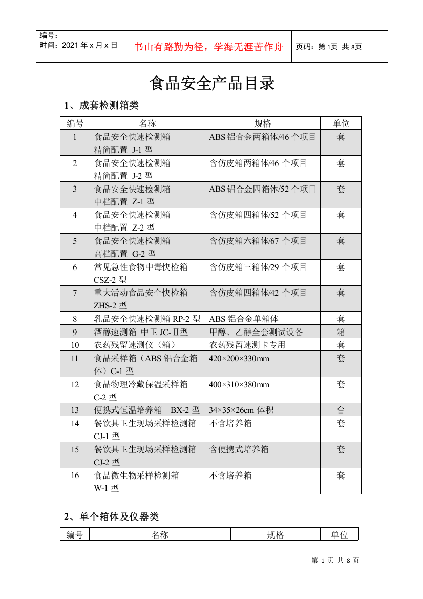 食品安全产品目录