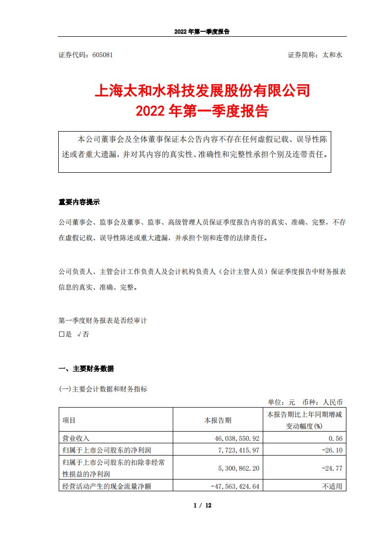 上交所-上海太和水科技发展股份有限公司2022年第一季度报告-20220429