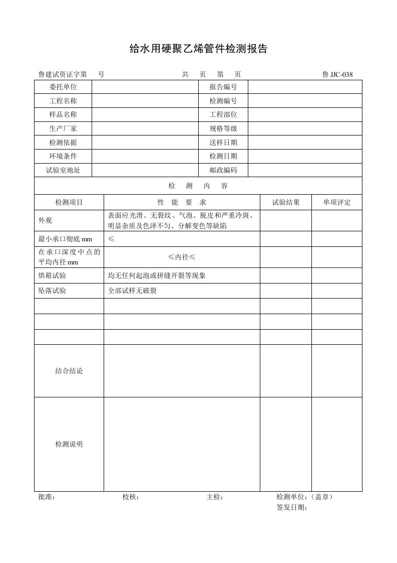 建筑资料-鲁JJC038给水用硬聚乙烯管件检测报告