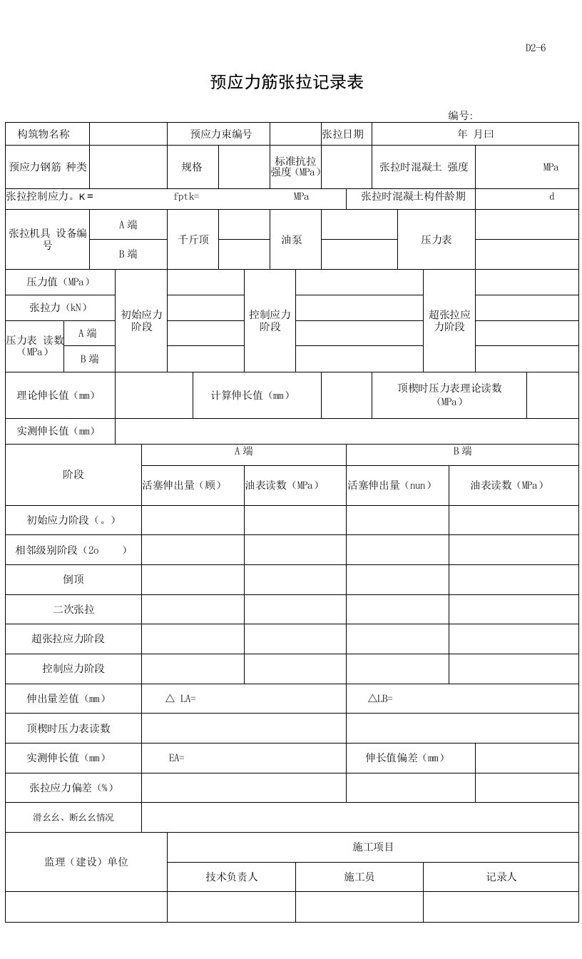 预应力筋张拉记录表（2016-7-20