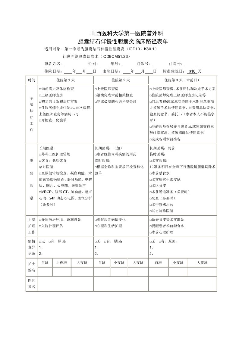 胆囊结石伴慢性胆囊炎临床路径表单