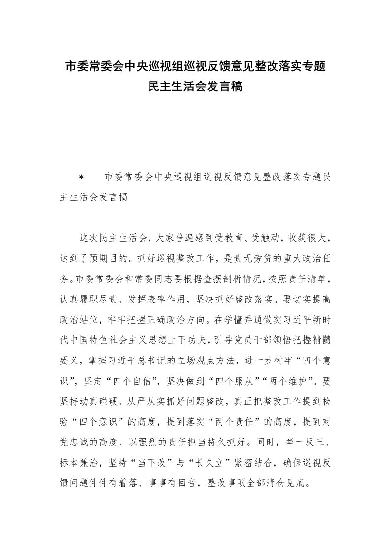 市委常委会中央巡视组巡视反馈意见整改落实专题民主生活会发言稿