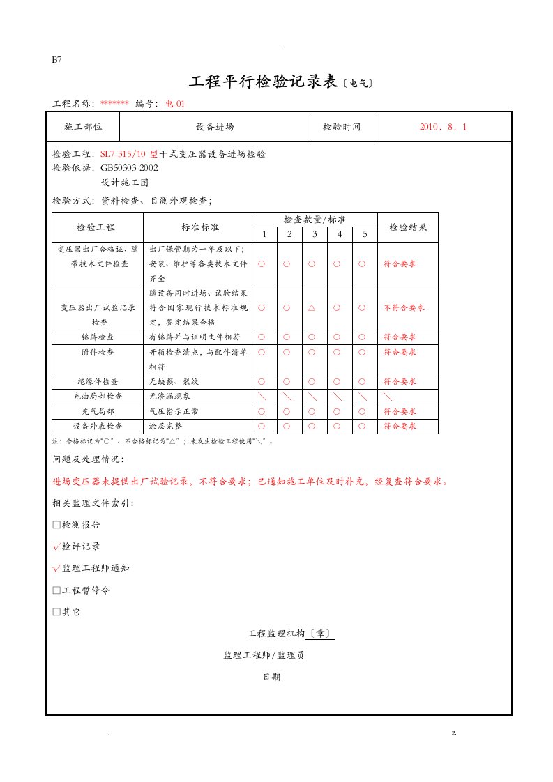 电气平行检验计划表格部分