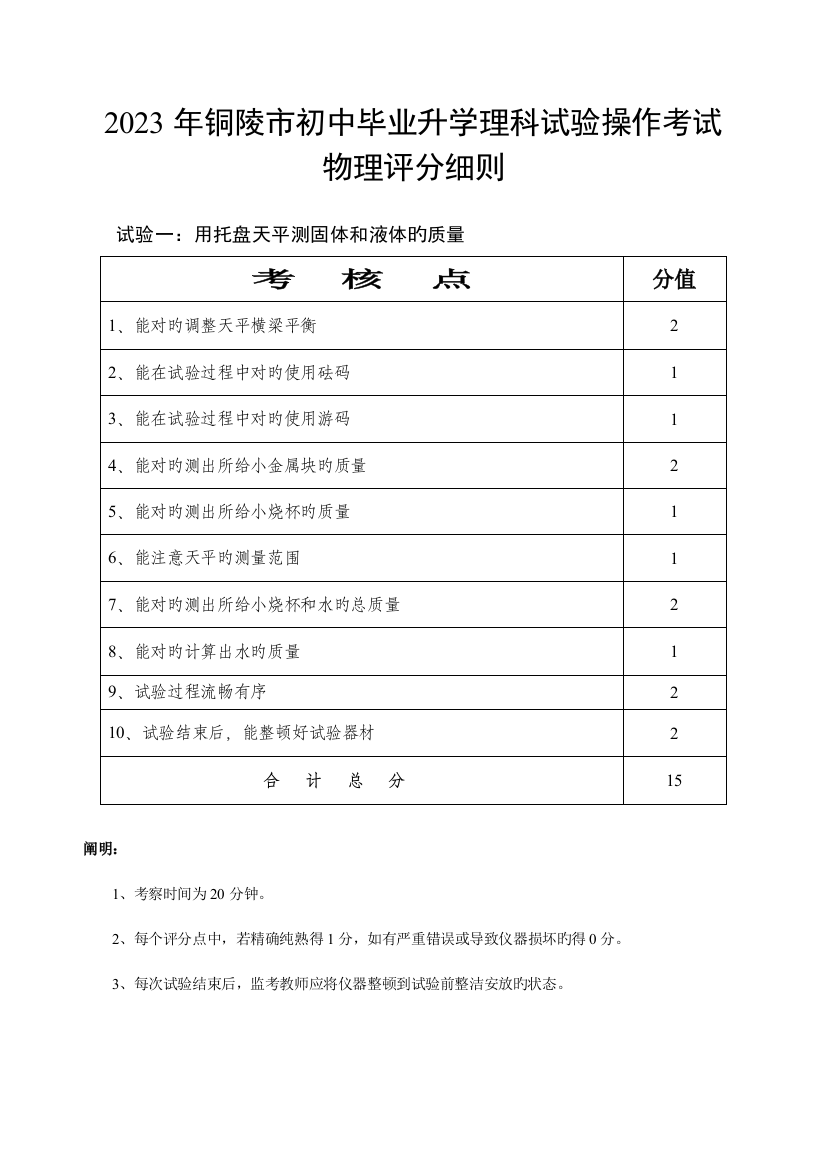 铜陵市初中毕业升学理科实验操作考试物理评分细则