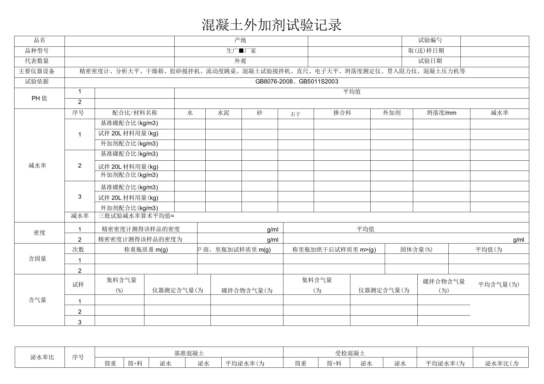 混凝土外加剂试验原始记录