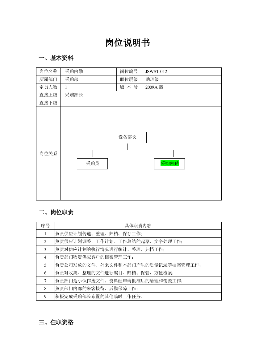 采购内勤的岗位说明书