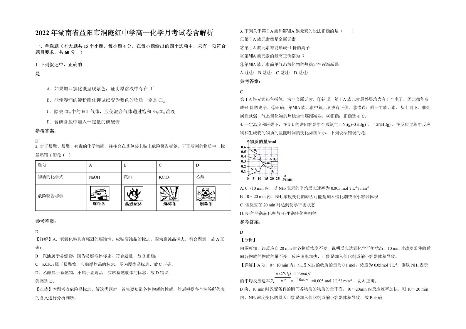 2022年湖南省益阳市洞庭红中学高一化学月考试卷含解析