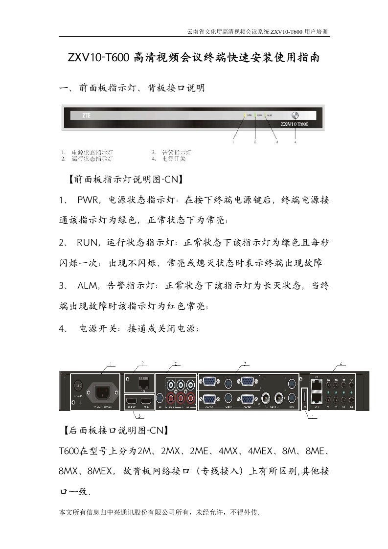 ZXV10-T600高清视频会议终端快速安装使用指南