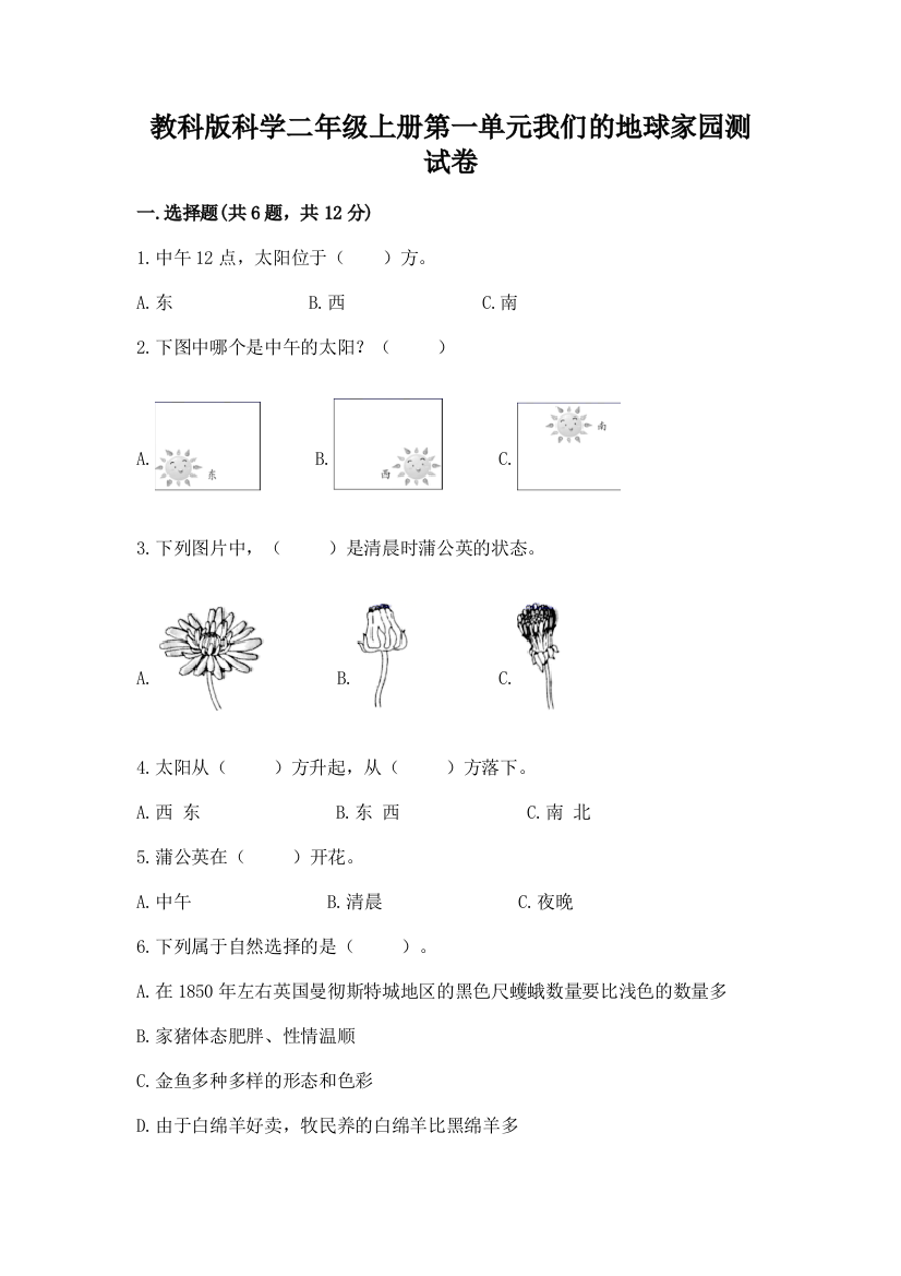 教科版科学二年级上册第一单元我们的地球家园测试卷附答案（考试直接用）