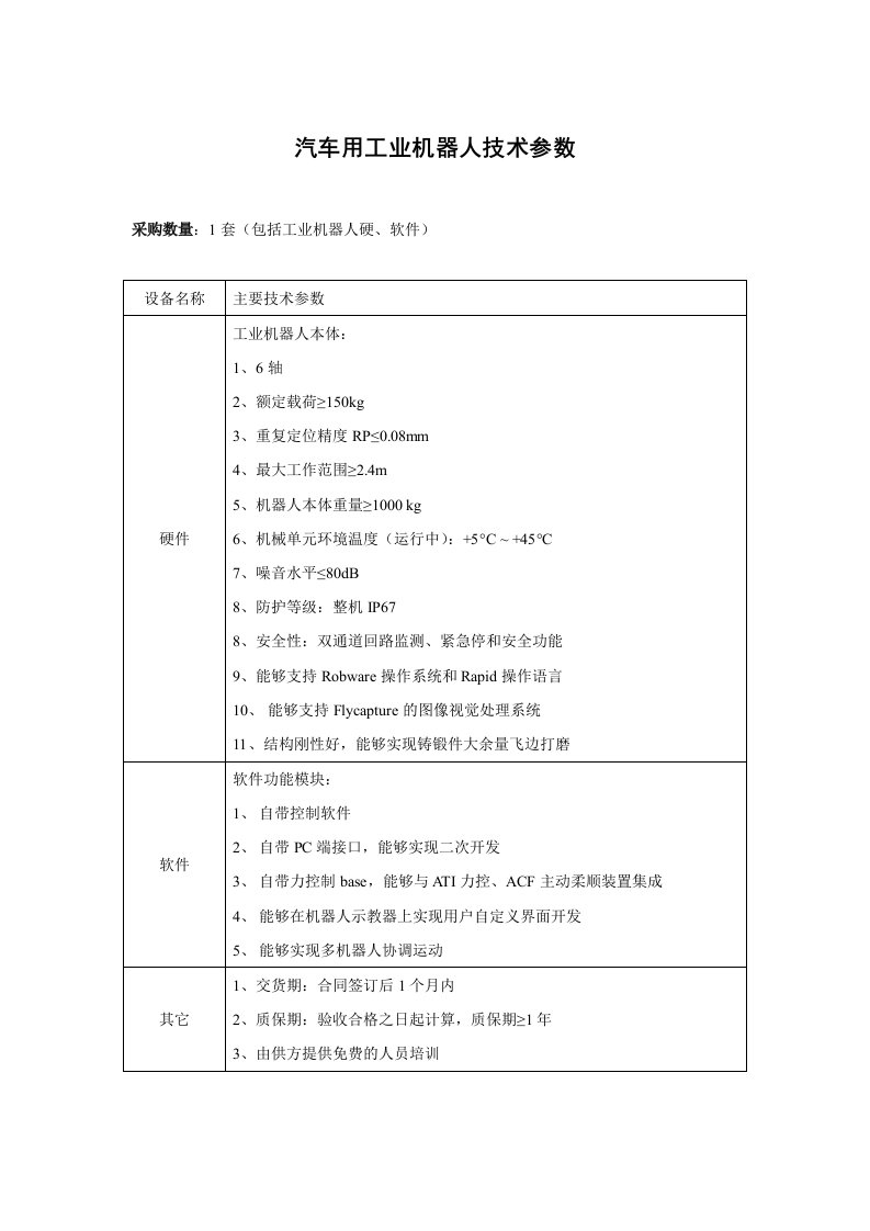 汽车用工业机器人技术参数