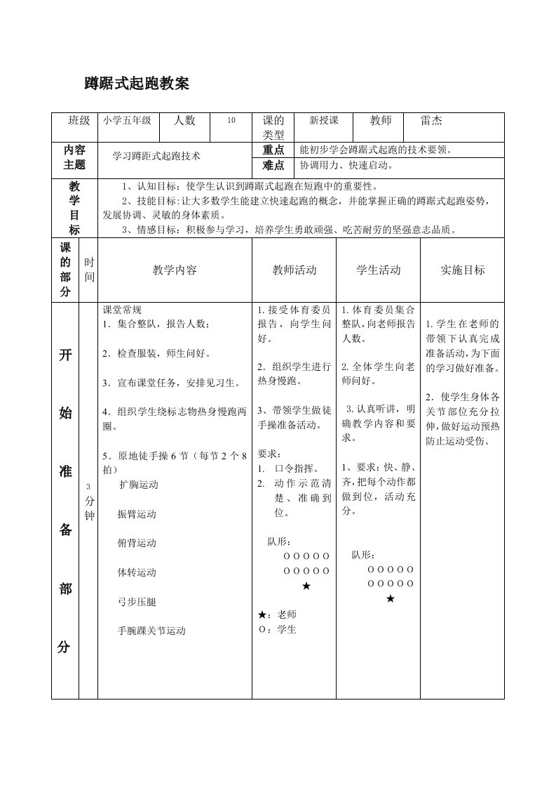 小学五年级蹲踞式起跑教案