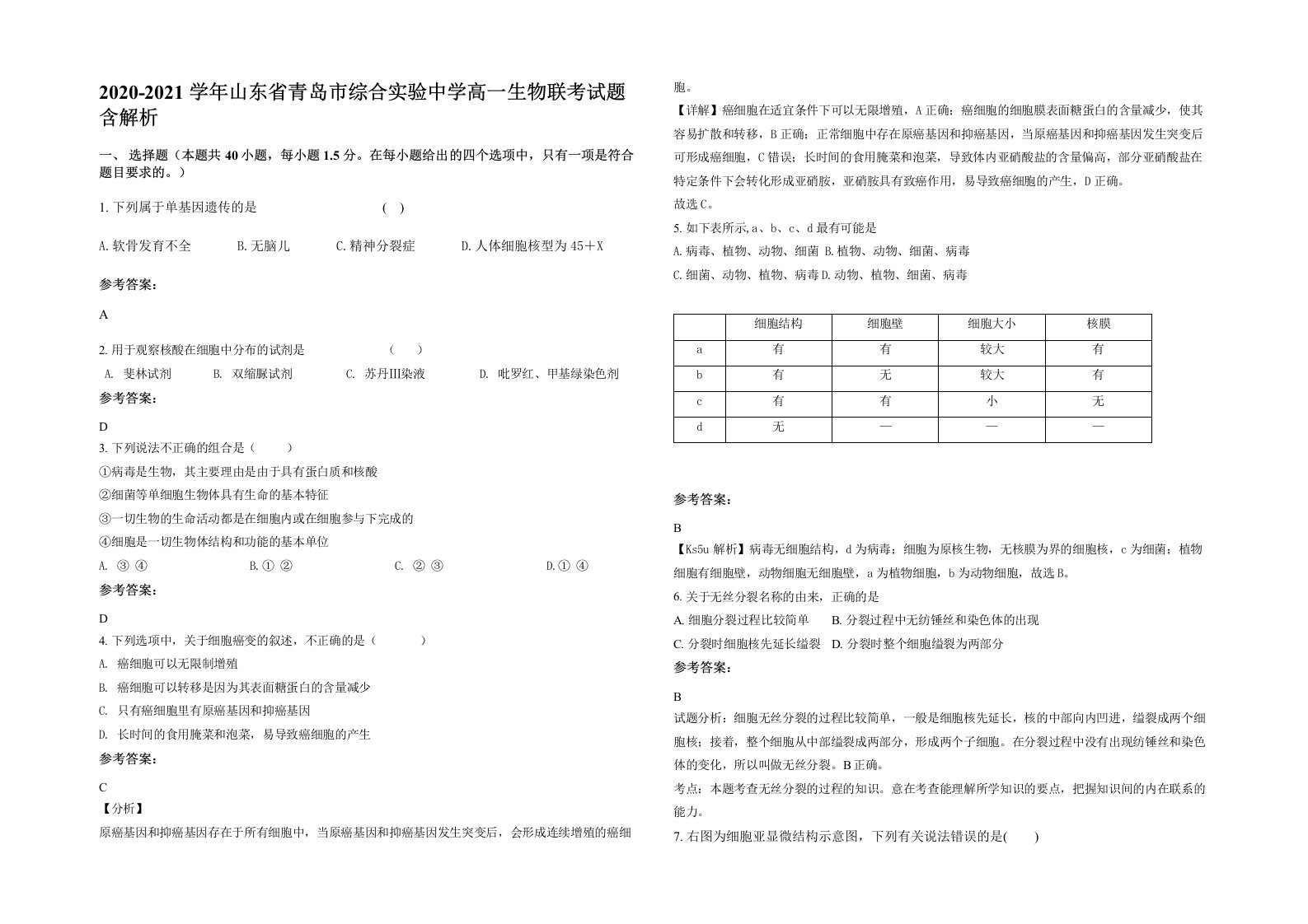 2020-2021学年山东省青岛市综合实验中学高一生物联考试题含解析