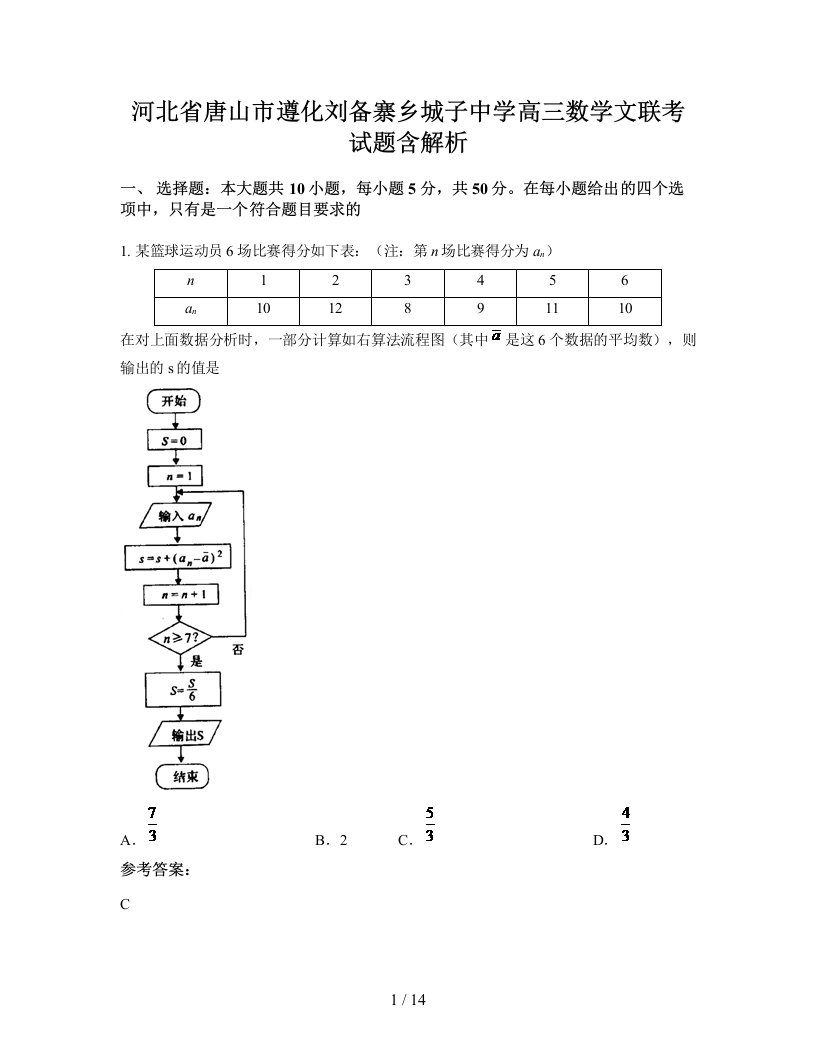 河北省唐山市遵化刘备寨乡城子中学高三数学文联考试题含解析