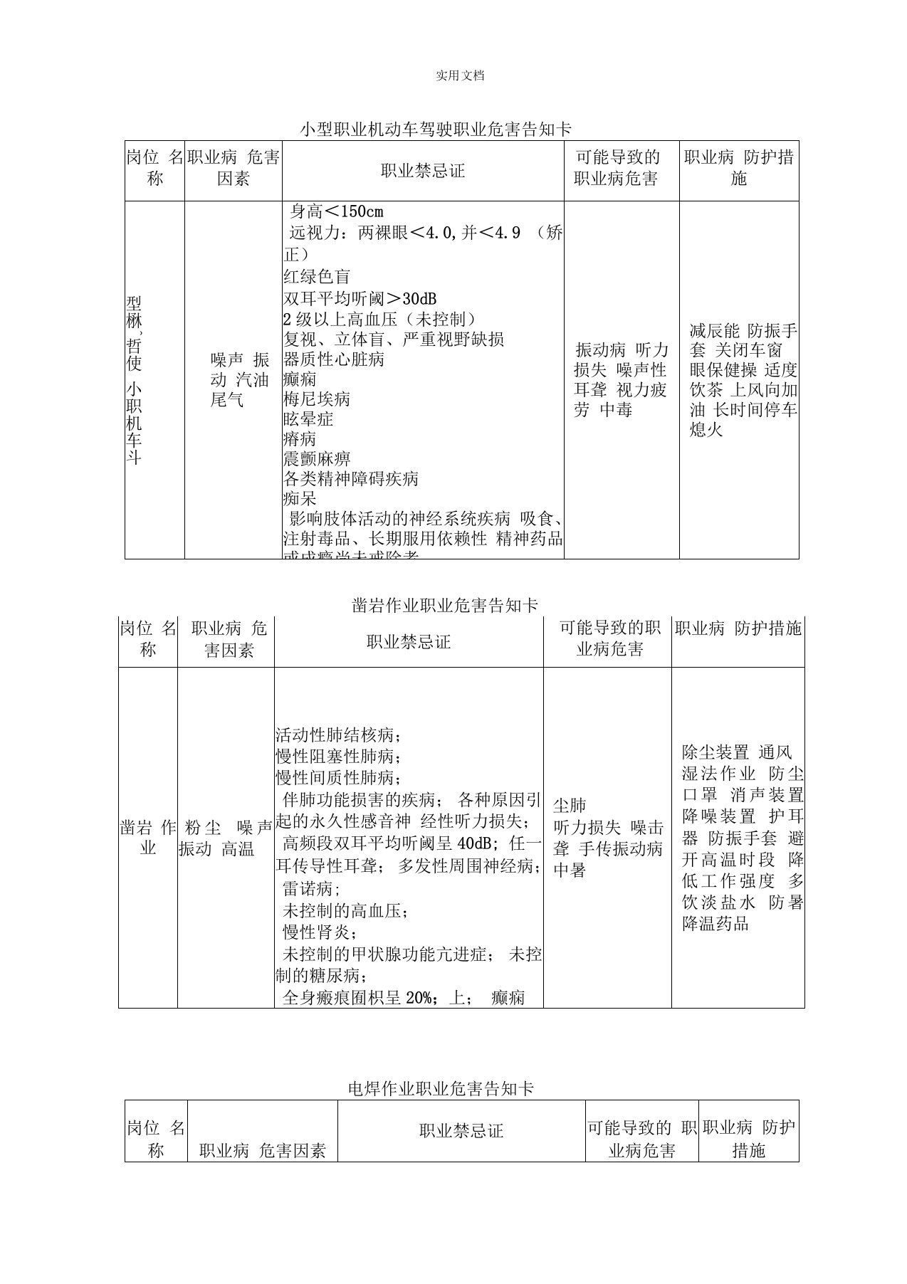 主要工种职业危害告知卡