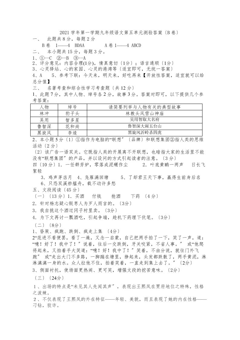 人教版九年级语文第五单元试卷及答案