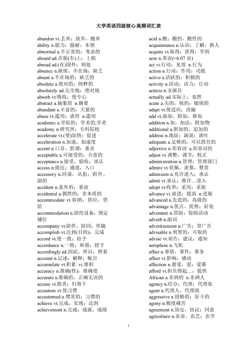 大学英语四级核心高频词汇表