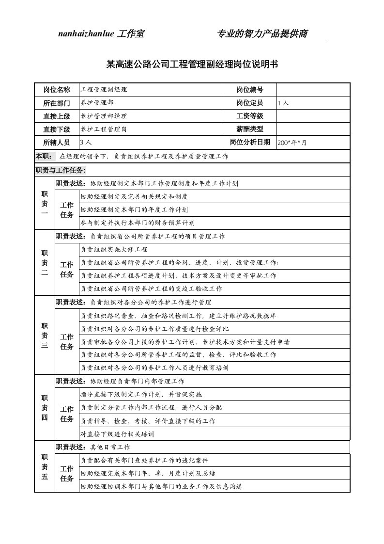 某高速公路公司工程管理副经理岗位说明书