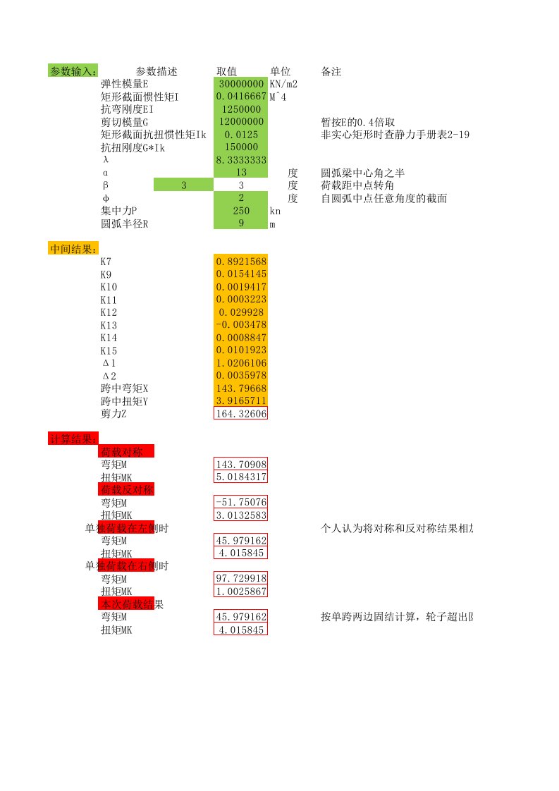 圆弧梁计算(依据静力学手册编辑)