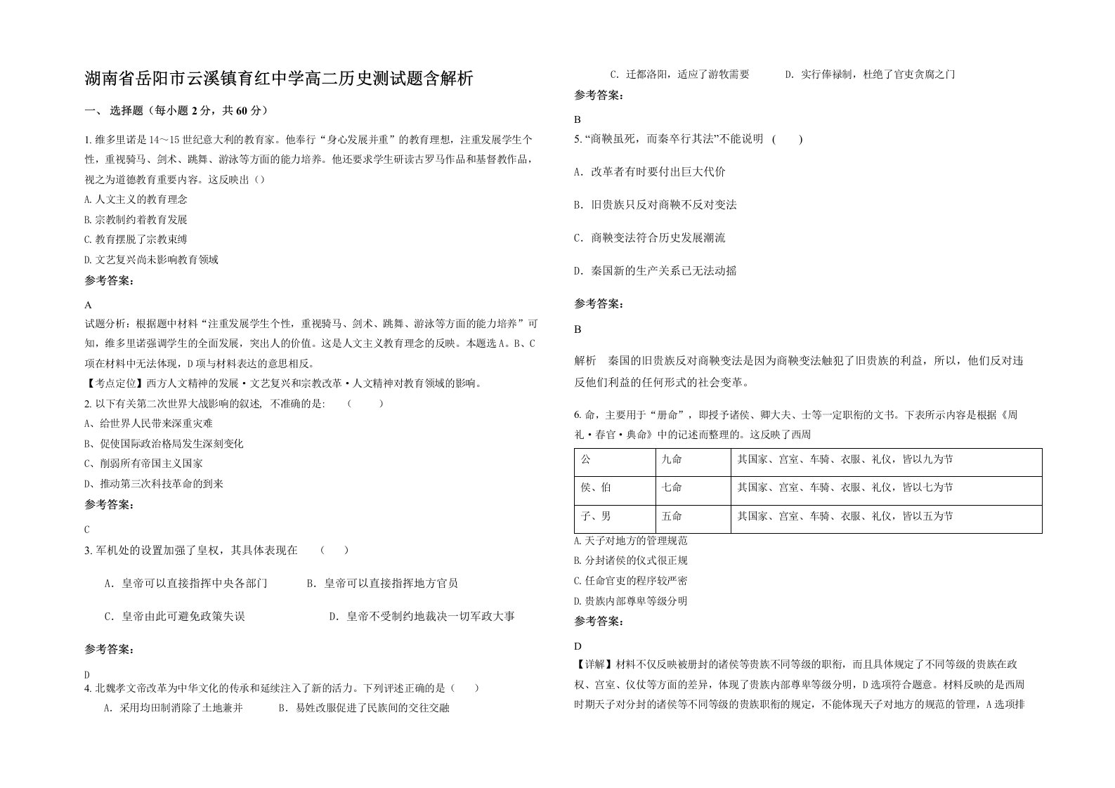 湖南省岳阳市云溪镇育红中学高二历史测试题含解析