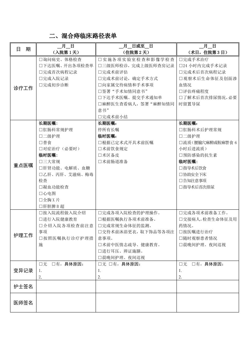 混合痔临床路径表单