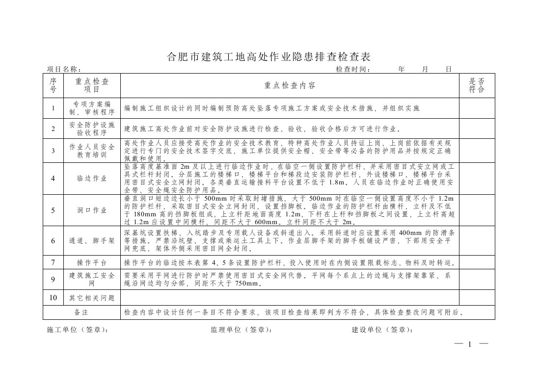 合肥市建筑工地高处作业隐患排查检查表