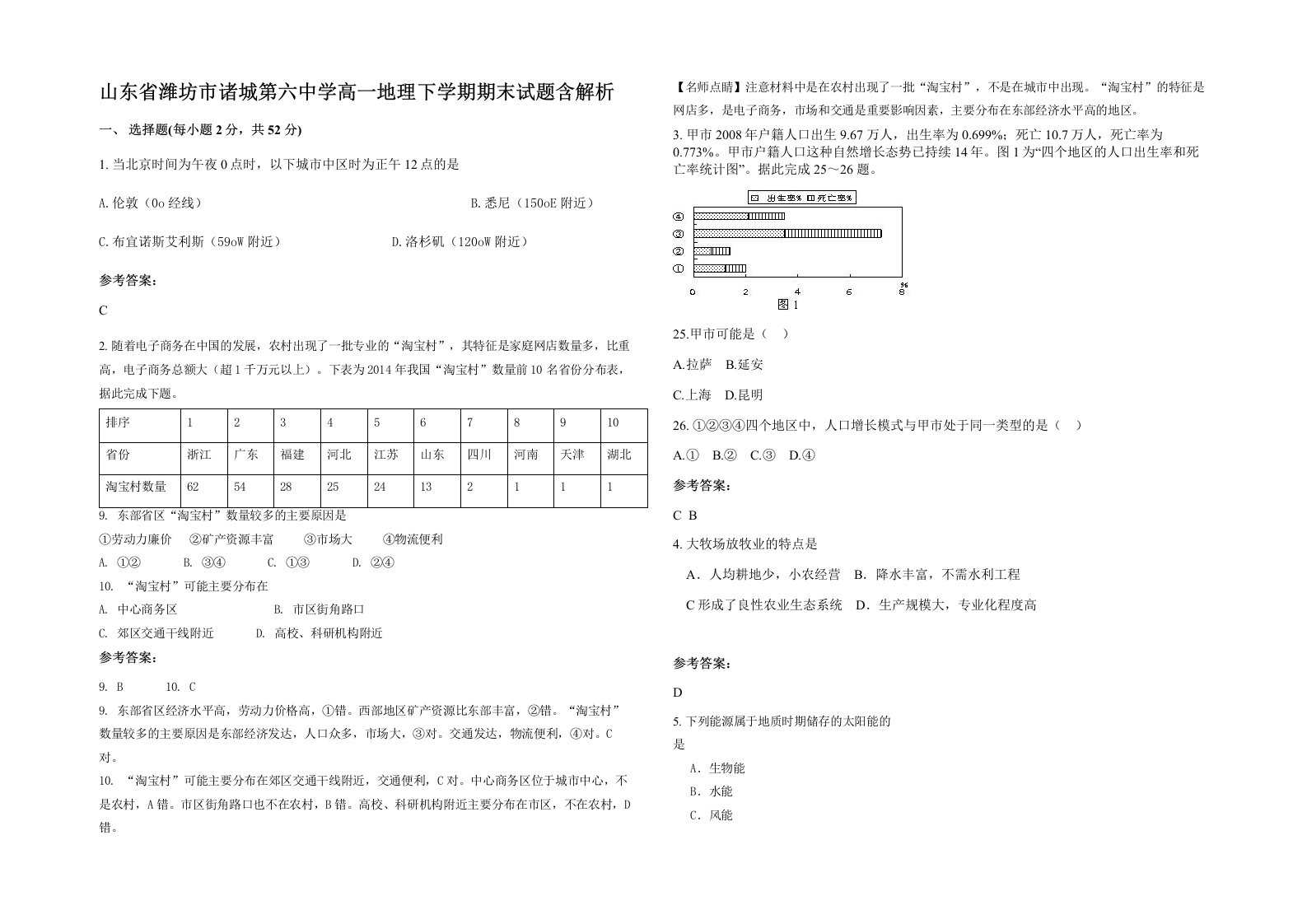 山东省潍坊市诸城第六中学高一地理下学期期末试题含解析