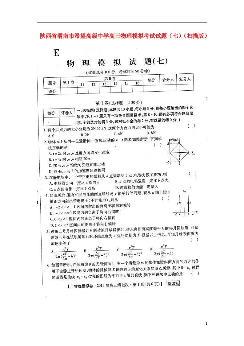 陕西省渭南市希望高级中学高三物理模拟考试试题（七）（扫描版）