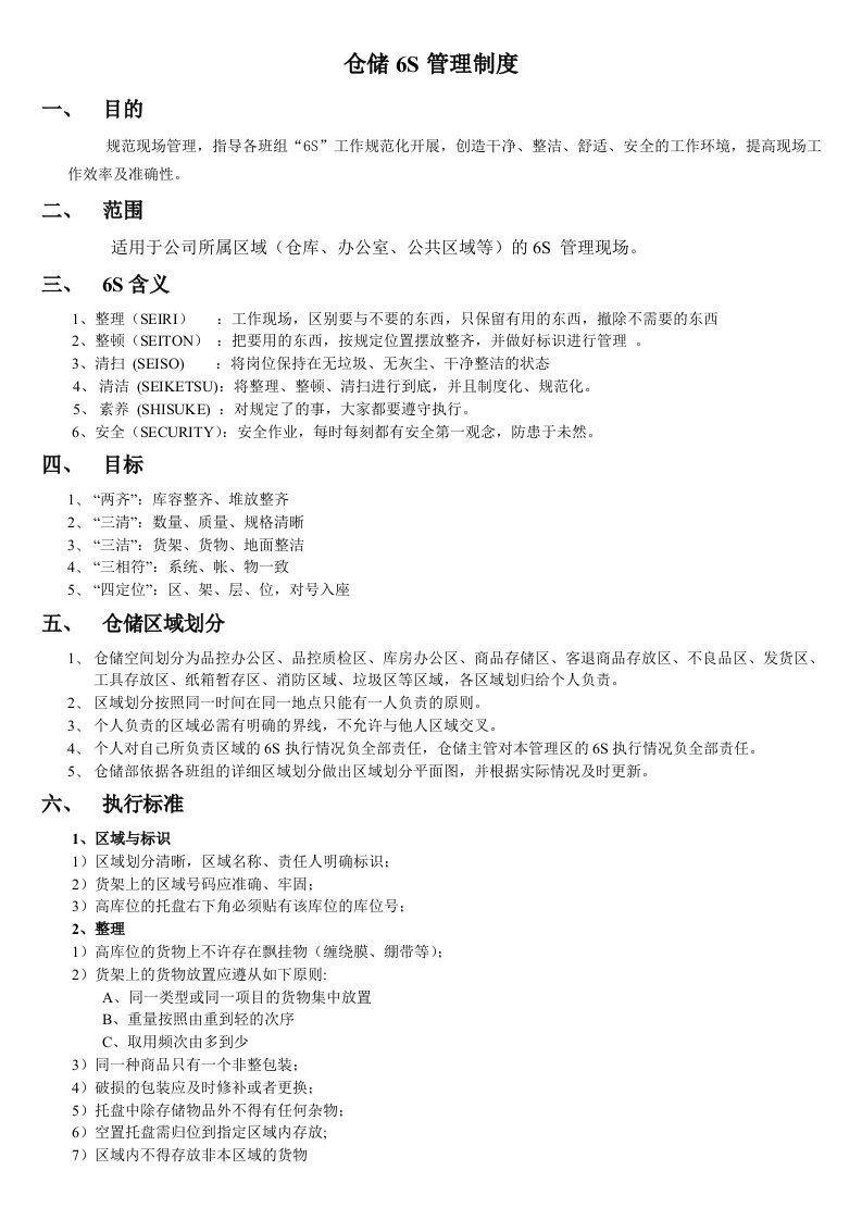 仓储6s管理制度，仓库现场6s执行标准，6s检查打分表格