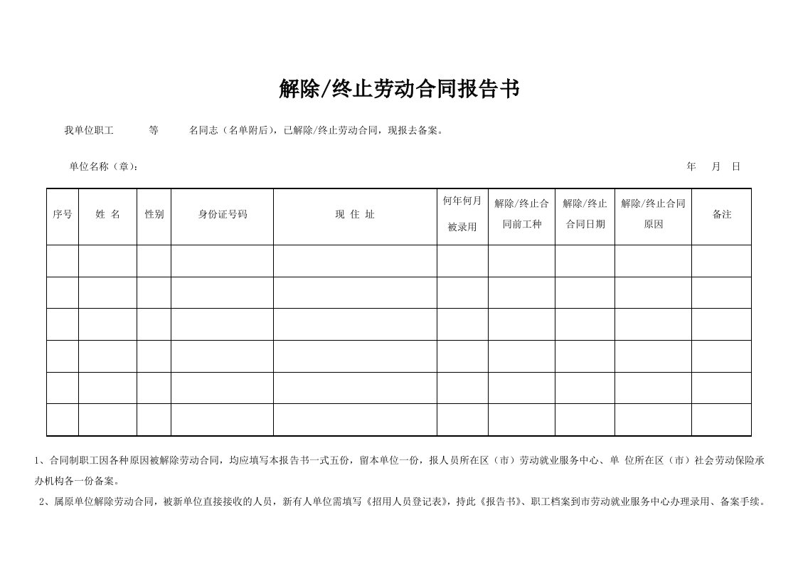 新版合同制职工解除劳动合同报告书