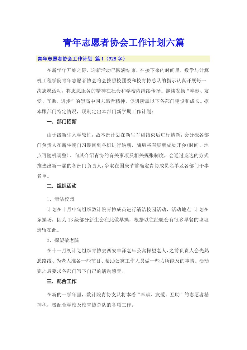 青年志愿者协会工作计划六篇