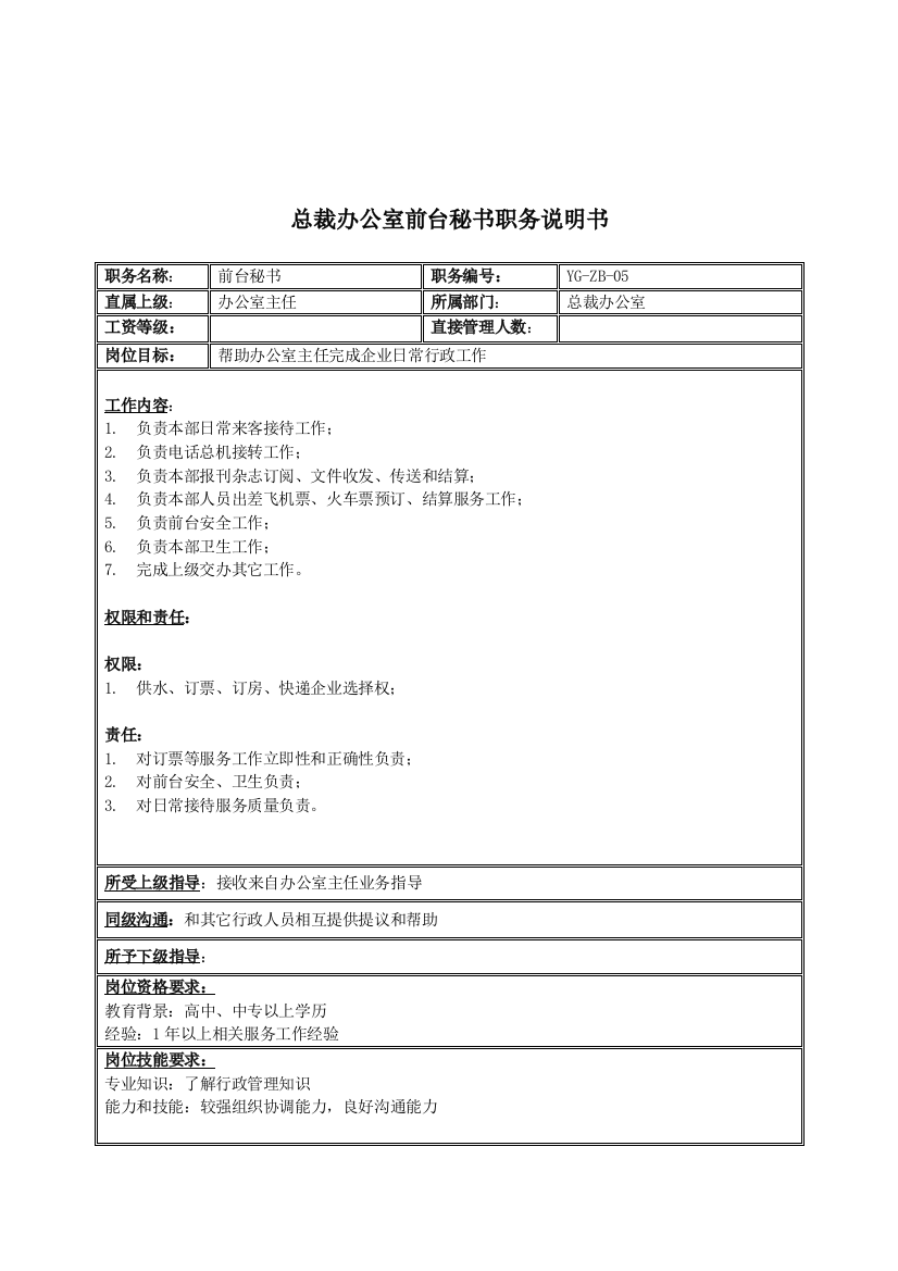 总裁办公室前台秘书岗位职责样本